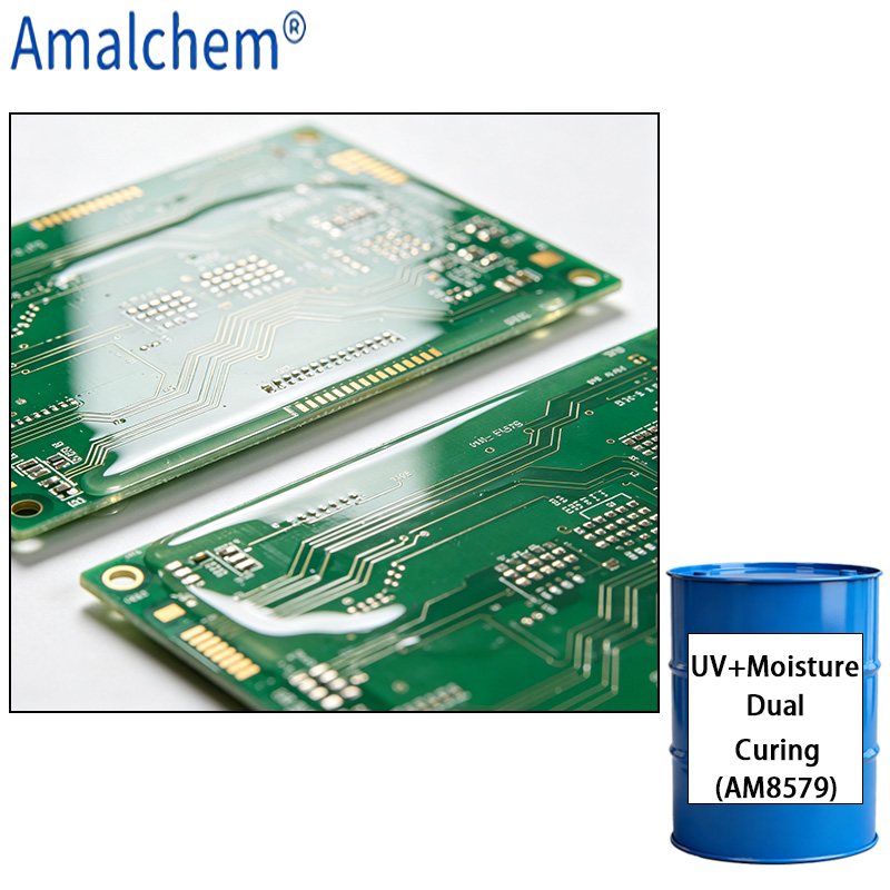 AM8579 UV/Moisture Dual-Cure System – Excellent Adhesion, Thermal Shock Endurance, High Flexibility & Lasting Clarity for PCB Protection