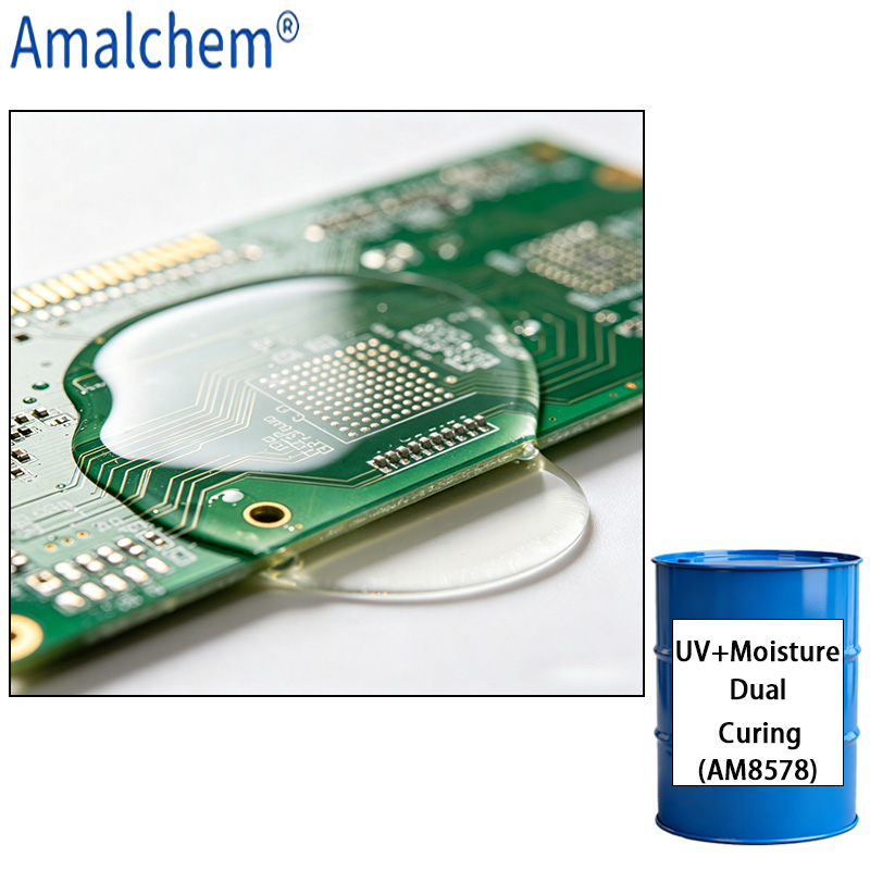 AM8578 UV+Moisture Dual-Cure Resin – Strong Adhesion, Thermal Shock Resistant, Flexible & Non-Yellowing for PCB Conformal Coating