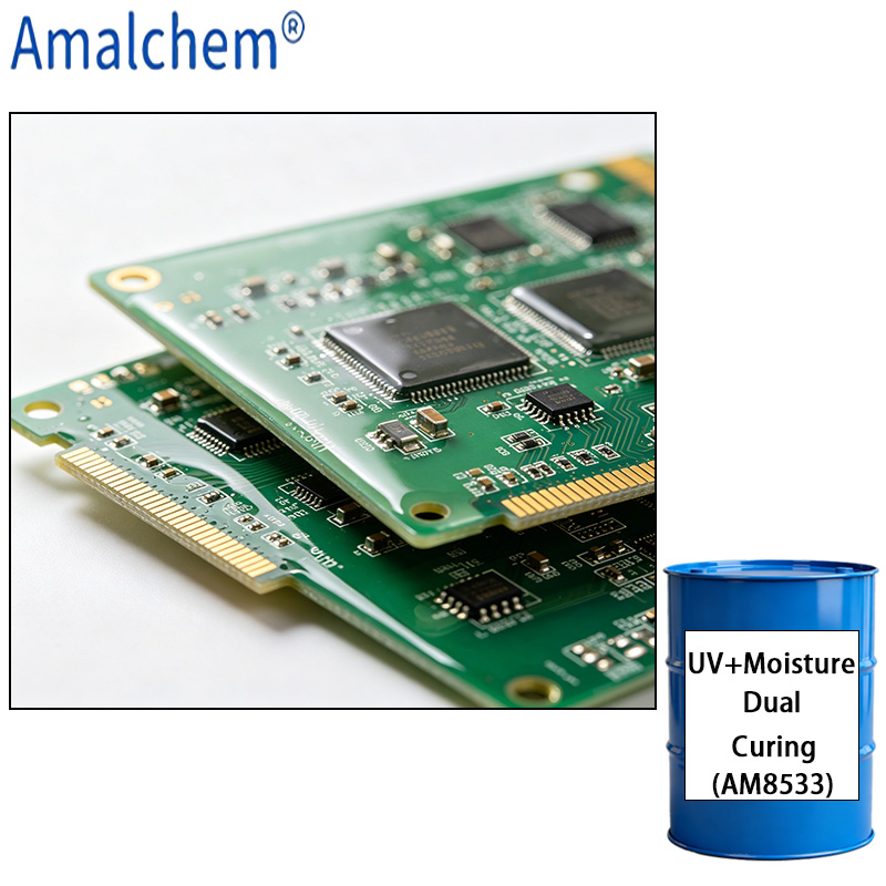 AM8533 UV/Moisture Dual-Cure System – Excellent Adhesion, Thermal Shock Endurance, High Flexibility & Lasting Clarity for PCB Protection